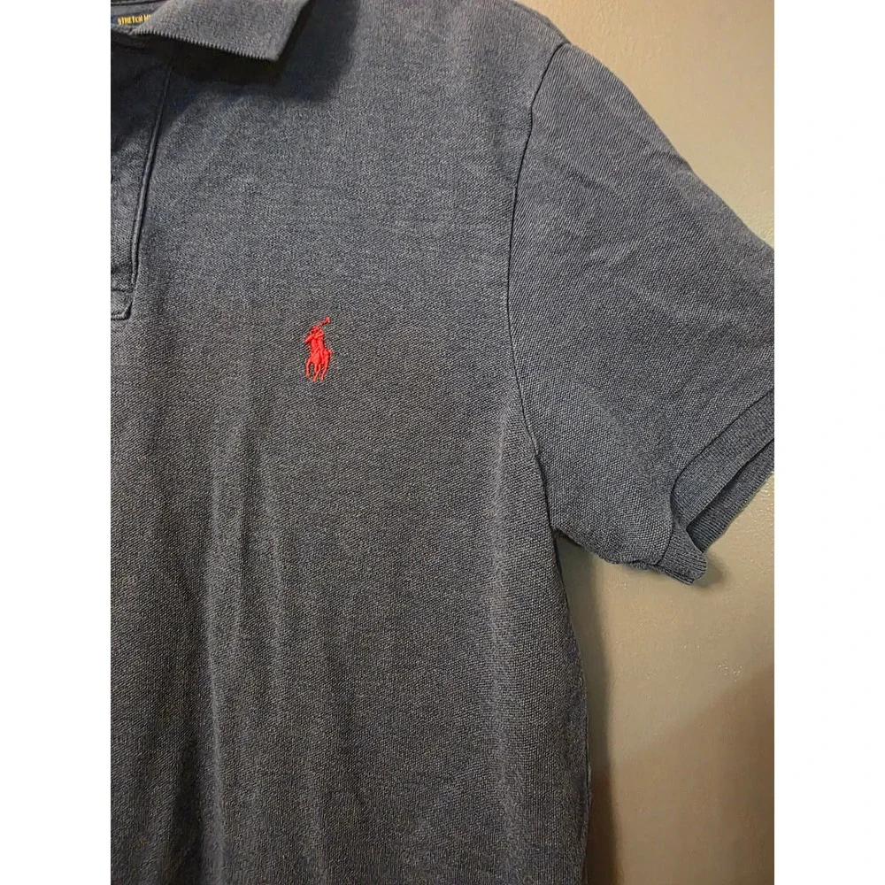 Polo Ralph Lauren Mens Stretch Mesh Polo Shirt Blue Heather Red Pony Size M